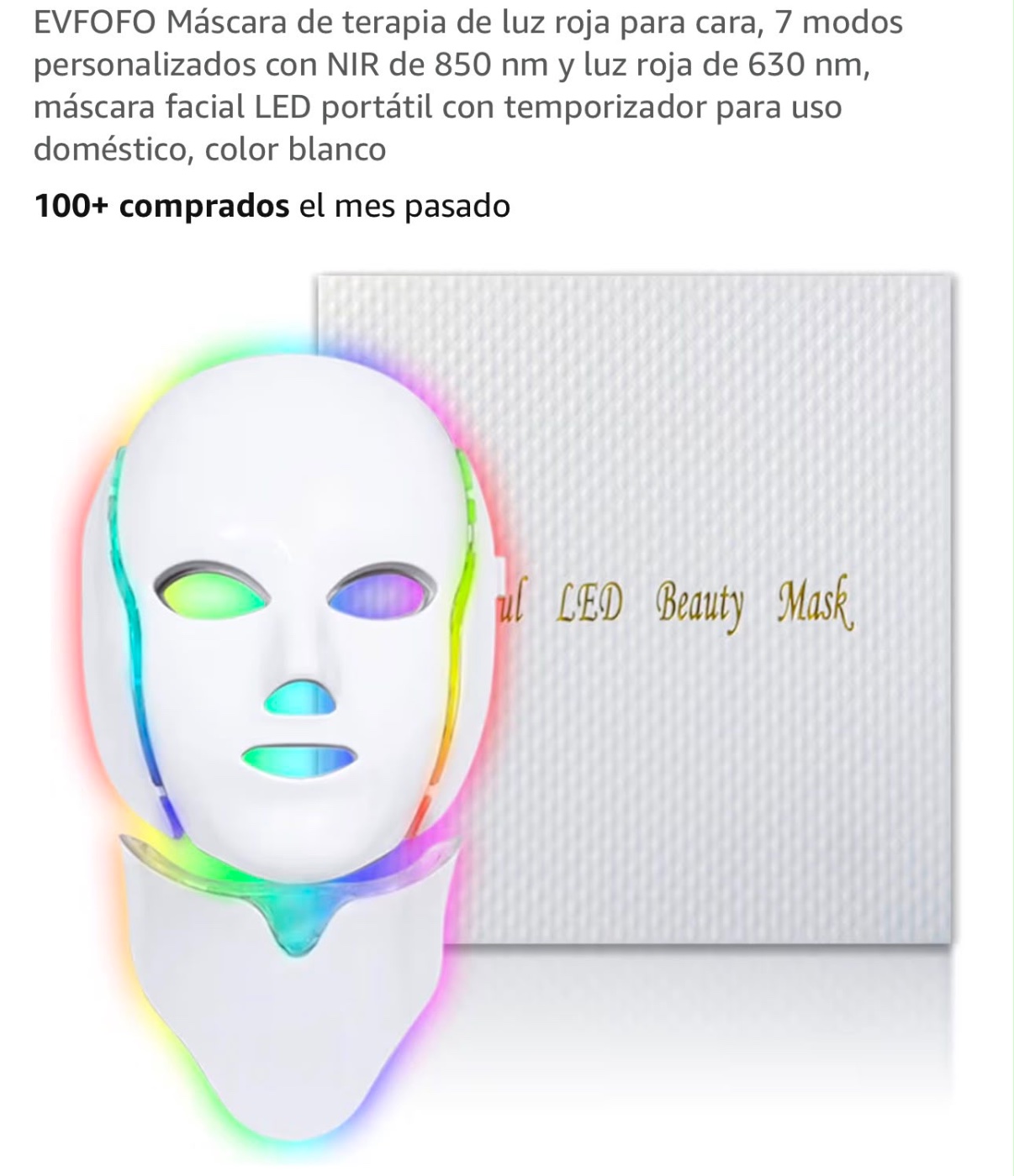 EVEFO Máscara LED terapia de luz roja para cara (7 modos)