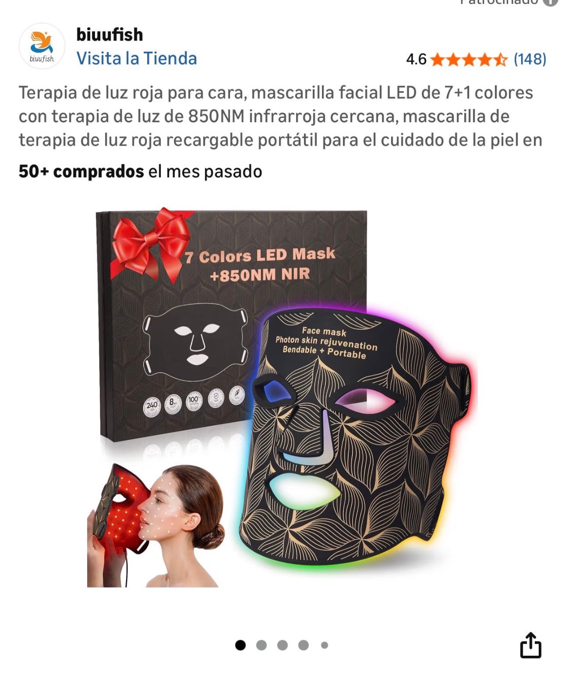 Mascarilla facial LED 7+1 colores biufﬁsh (850NM NIR)
